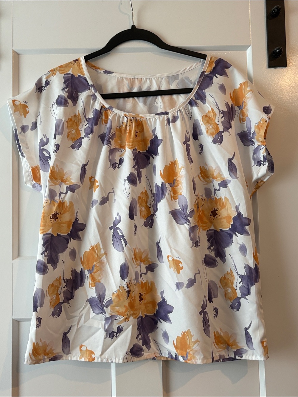 Floral Scoop Neck Women's Top – White with Yellow & Purple Blooms